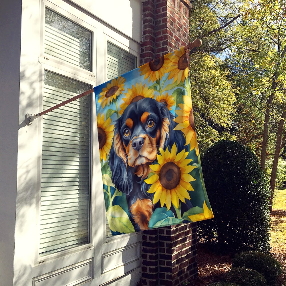 Cavalier Spaniel in Sunflowers House Flag Image 2