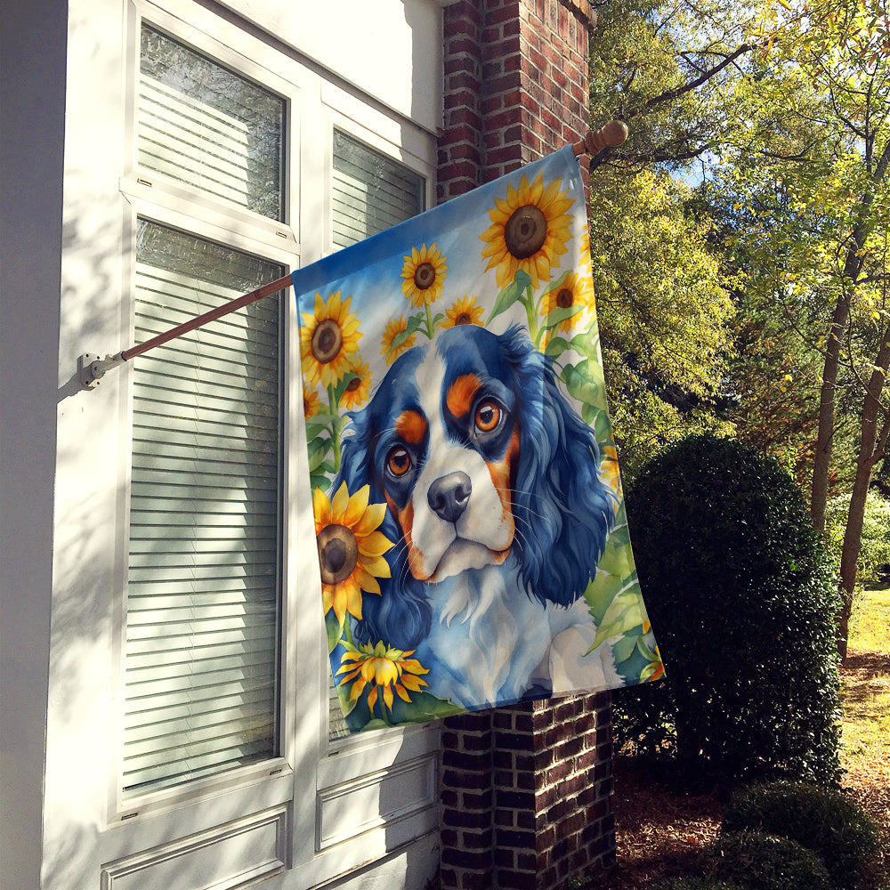 Cavalier Spaniel in Sunflowers House Flag Image 2
