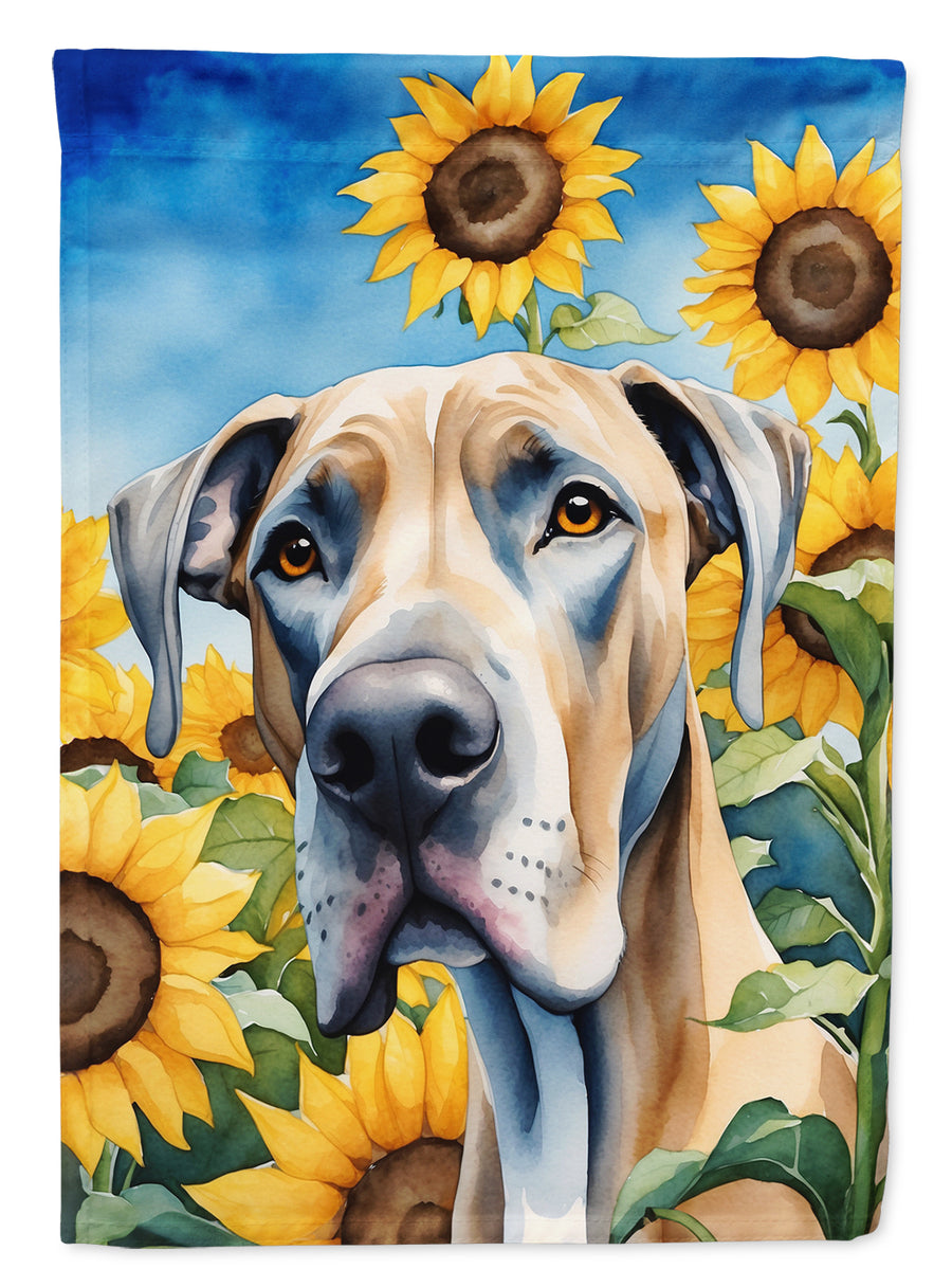 Great Dane in Sunflowers House Flag Image 1