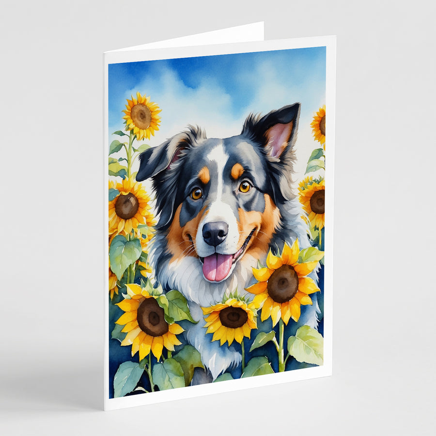 Australian Shepherd in Sunflowers Greeting Cards Pack of 8 Image 1