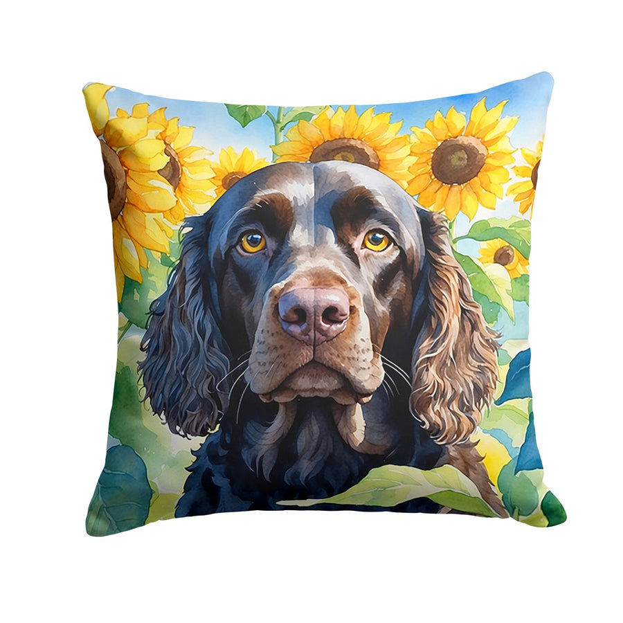 American Water Spaniel in Sunflowers Throw Pillow Image 1
