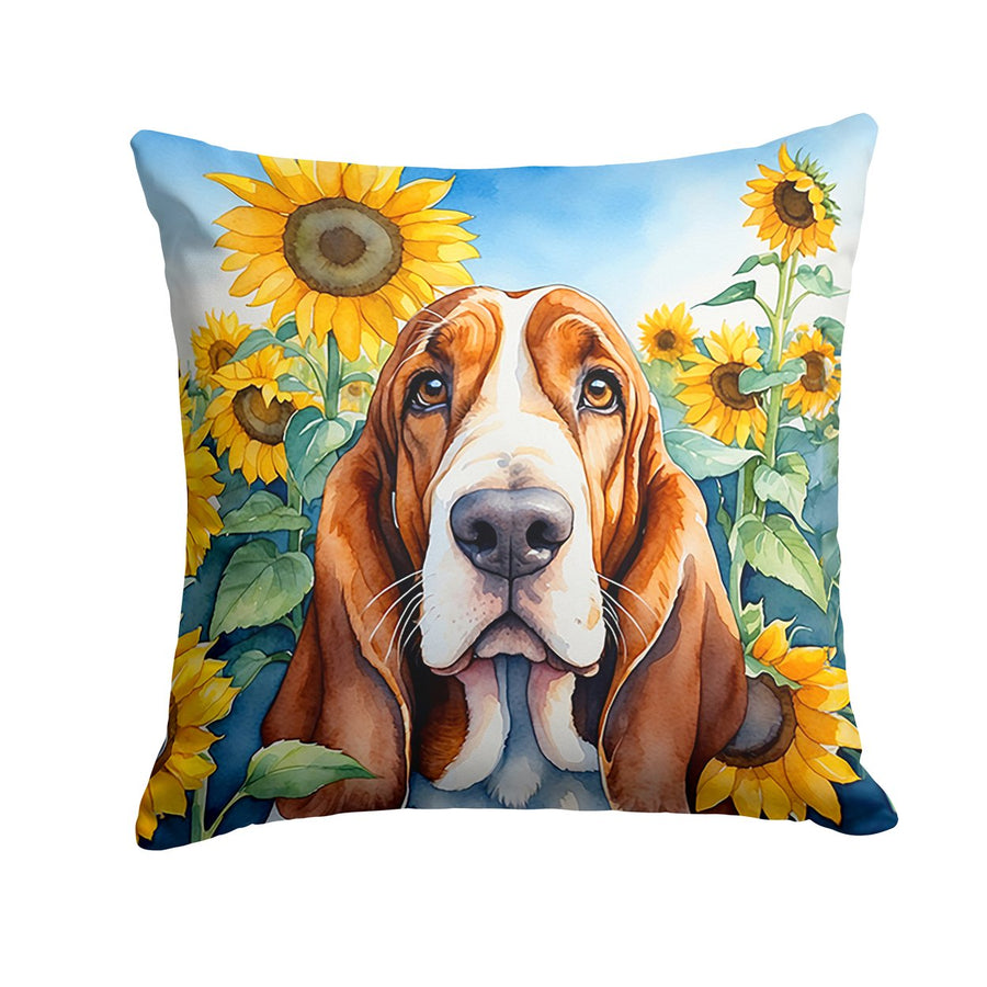 Basset Hound in Sunflowers Throw Pillow Image 1