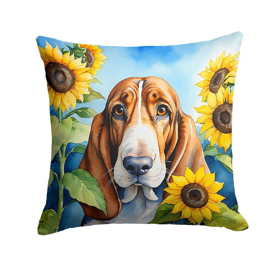 Basset Hound in Sunflowers Throw Pillow Image 1