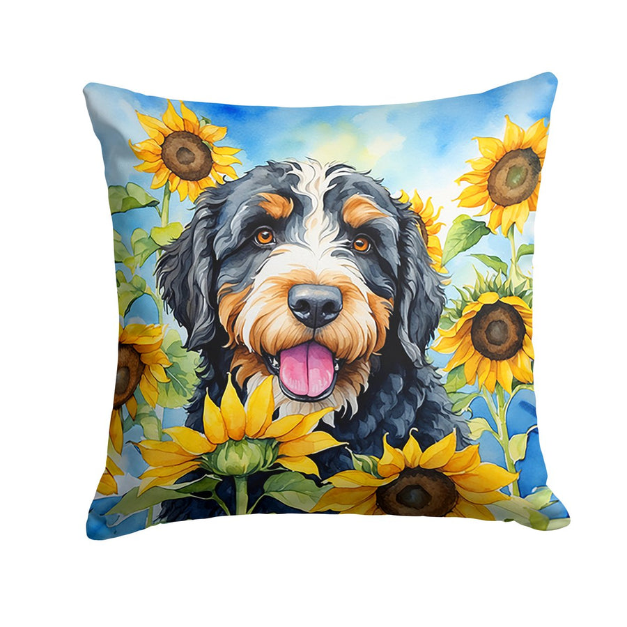 Bernedoodle in Sunflowers Throw Pillow Image 1