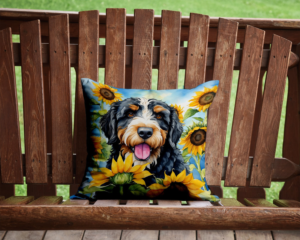 Bernedoodle in Sunflowers Throw Pillow Image 2