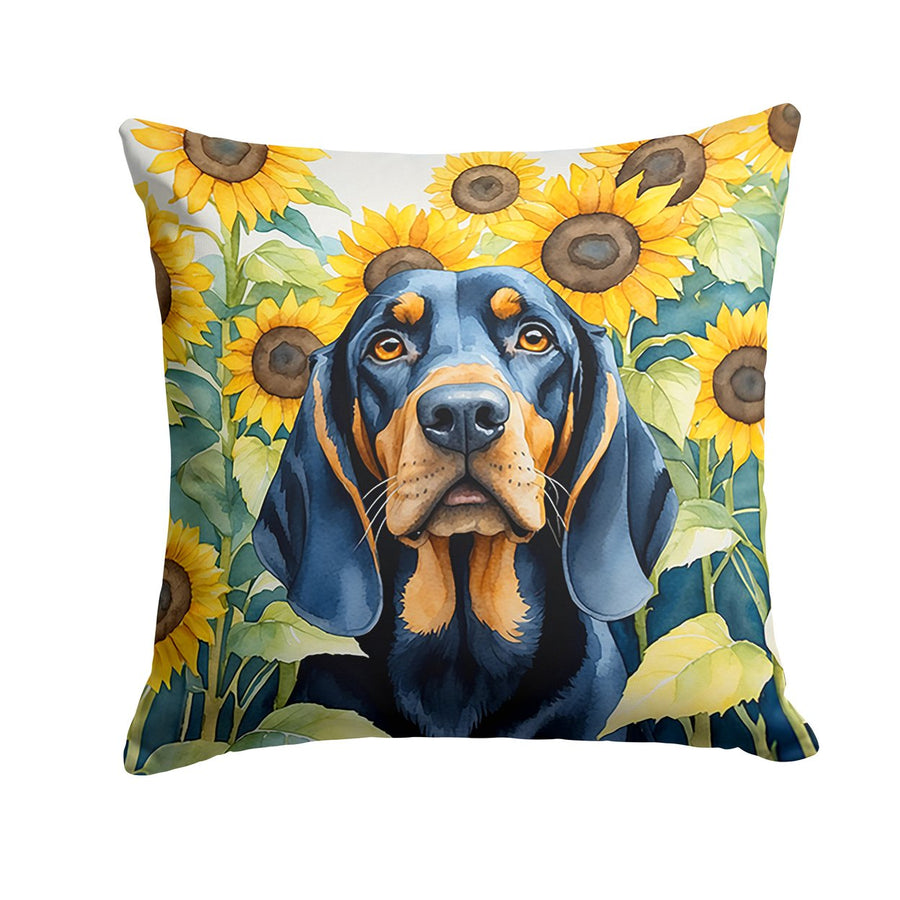 Black and Tan Coonhound in Sunflowers Throw Pillow Image 1