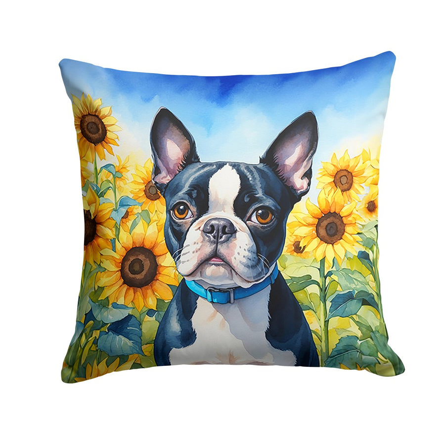 Boston Terrier in Sunflowers Throw Pillow Image 1