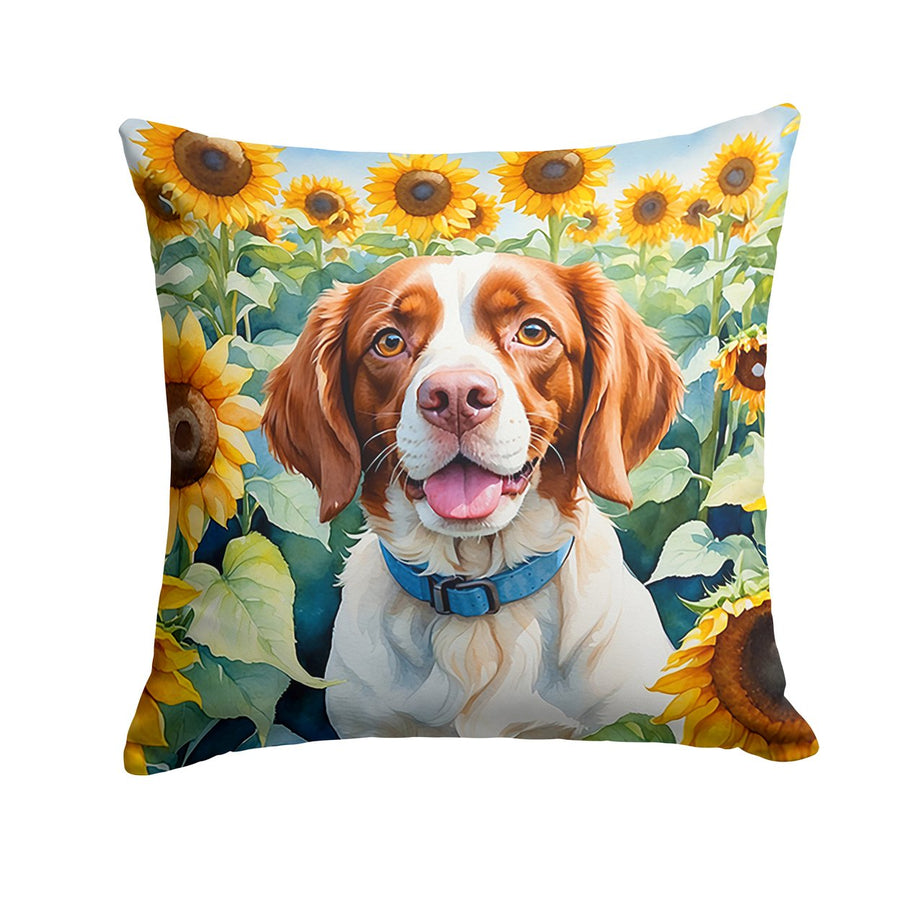Brittany Spaniel in Sunflowers Throw Pillow Image 1