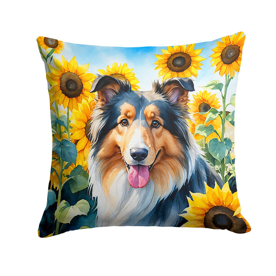 Collie in Sunflowers Throw Pillow Image 1