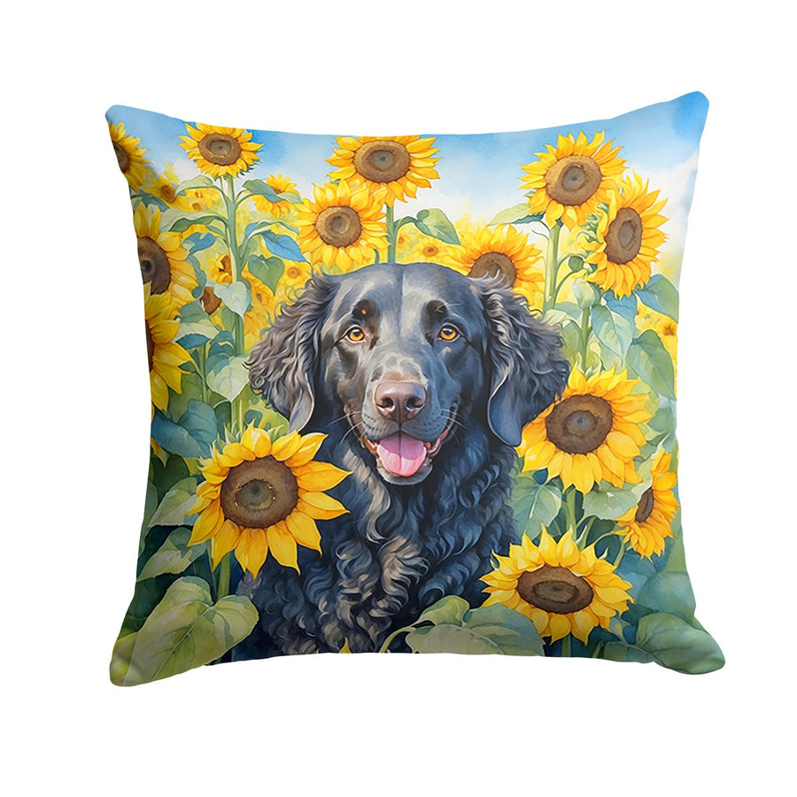 Curly-Coated Retriever in Sunflowers Throw Pillow Image 1