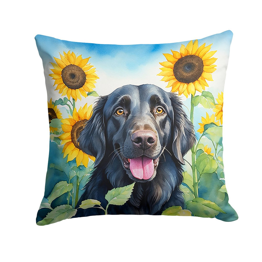 Flat-Coated Retriever in Sunflowers Throw Pillow Image 1