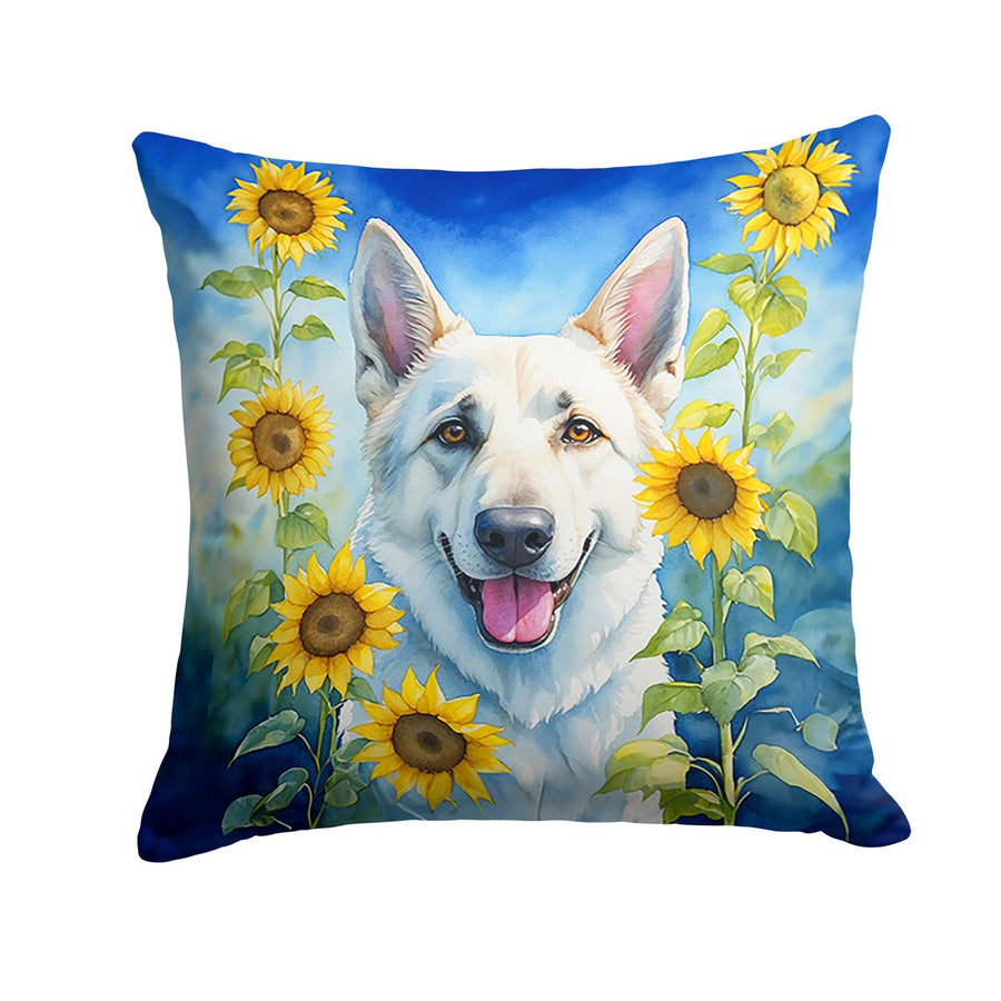 White German Shepherd in Sunflowers Throw Pillow Image 1