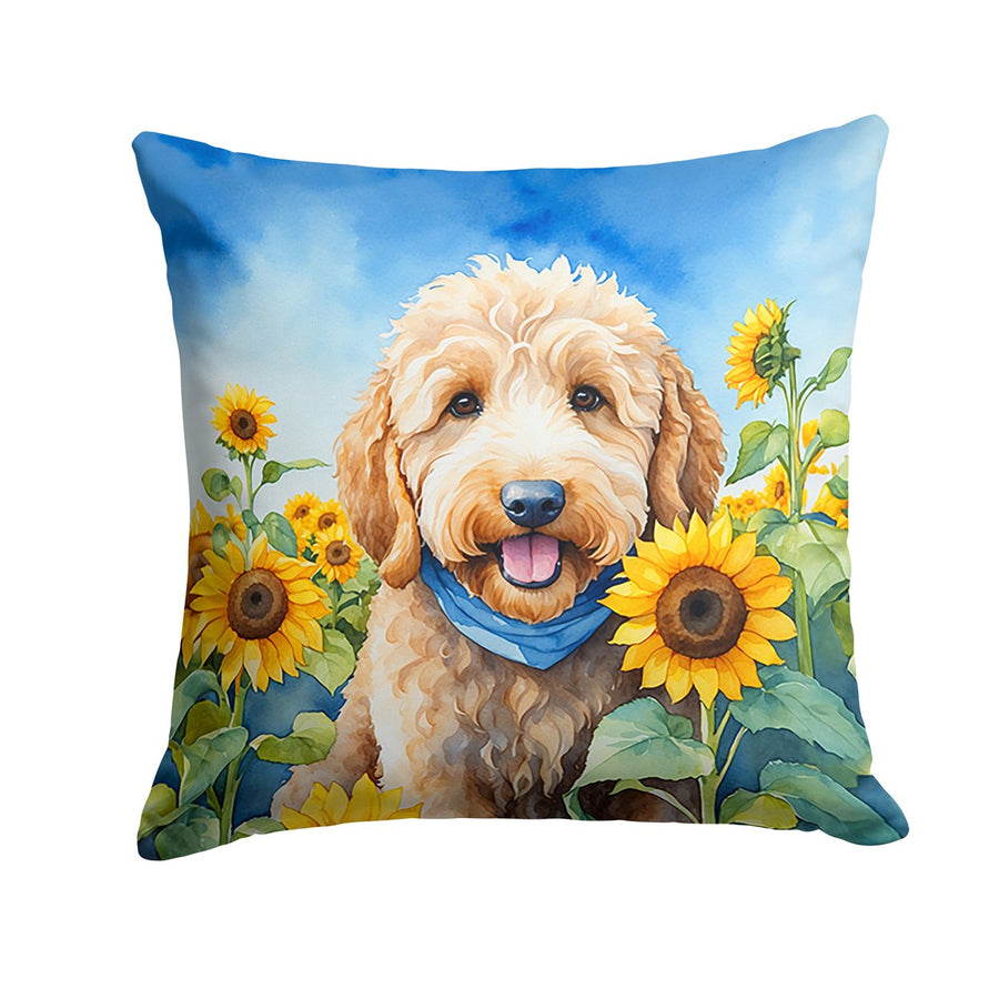 Goldendoodle in Sunflowers Throw Pillow Image 1