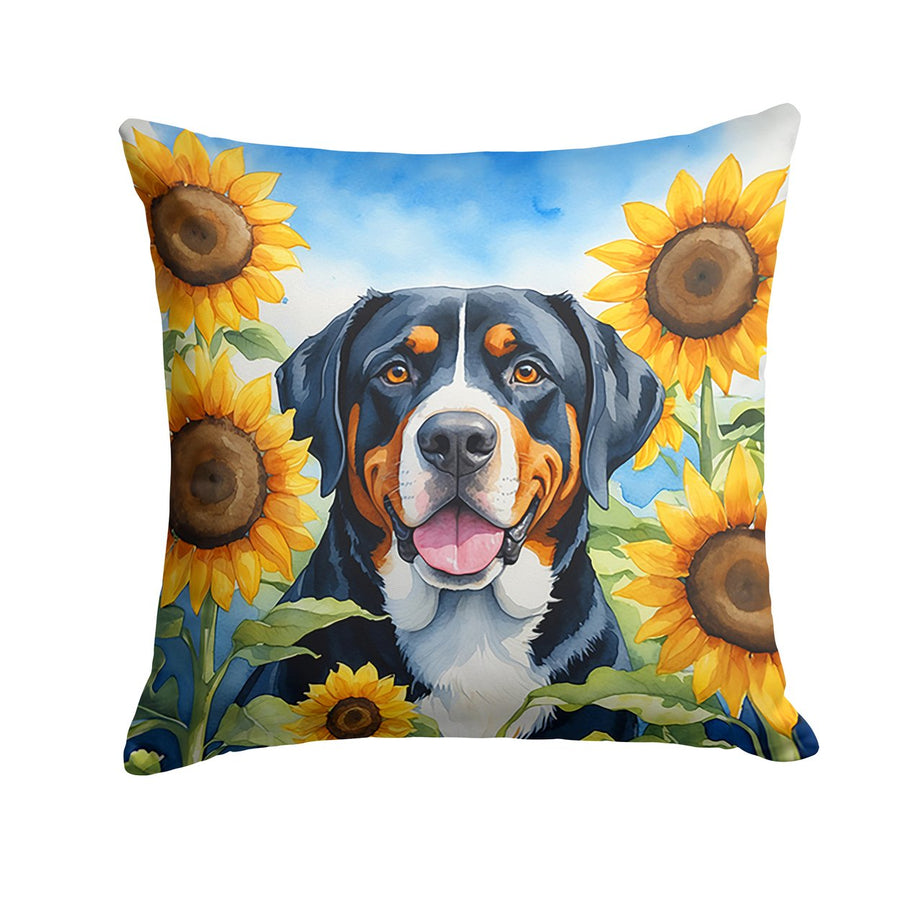 Greater Swiss Mountain Dog in Sunflowers Throw Pillow Image 1