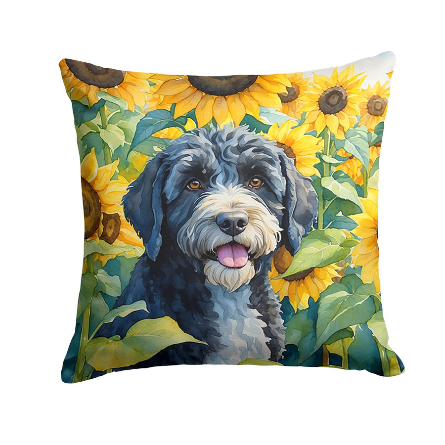 Portuguese Water Dog in Sunflowers Throw Pillow Image 1