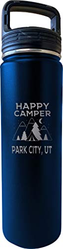 Park City Utah Happy Camper 32 Oz Engraved Navy Insulated Double Wall Stainless Steel Water Bottle Tumbler Image 1