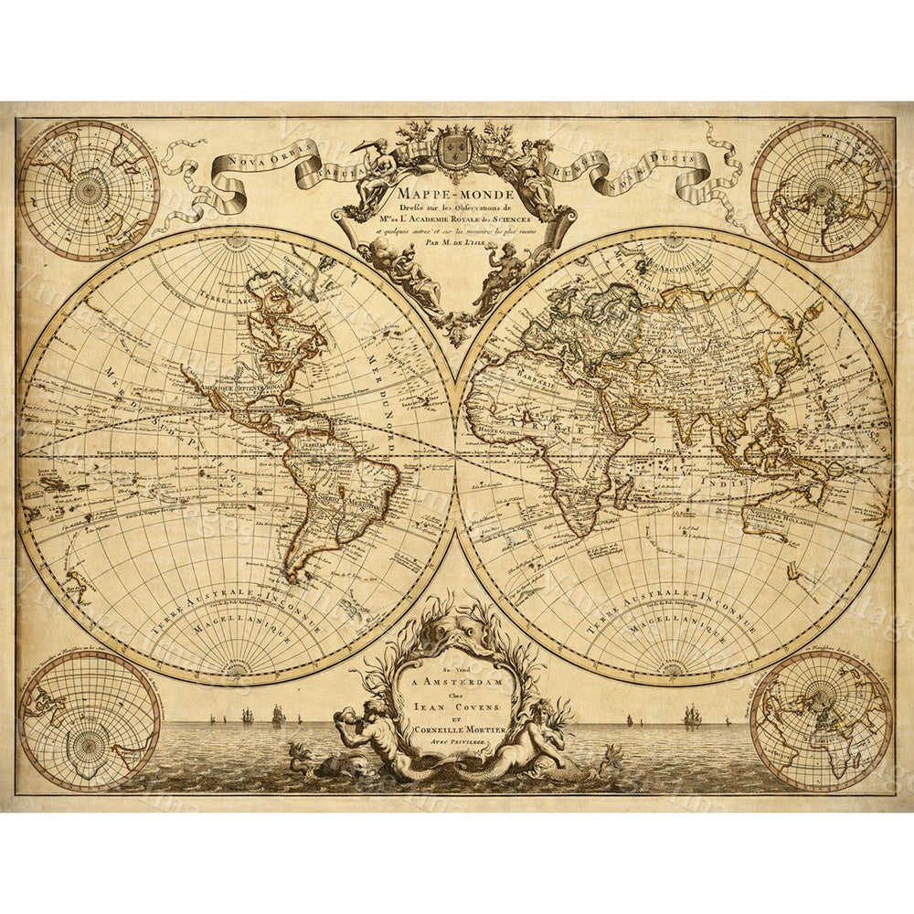LIsles 1720 Old World Map Historic Map Antique Restoration Hardware Style World Map Guillaume de LIsle mappe monde Wall Image 2