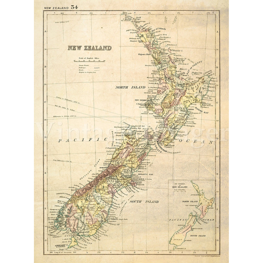 Antique Zealand map 1881 Old map of Zealand. Vintage Zealand wall map fine art print Historical Map map reproduction Image 2