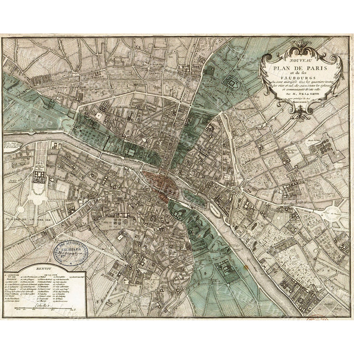 Giant Historic PARIS Map, 1740 Old Map Of Paris Antique Restoration Hardware Style Paris wall Map Fine Art Print Vintage Image 1