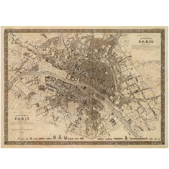 Vintage Paris City Map Print 1860 Fine Art Antique Large Heavy Paper Image 1