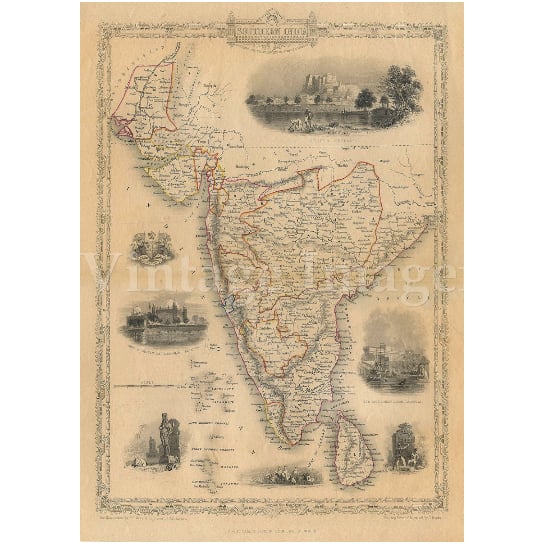 Old Map of india 1851 Southern Old India Map Indian Bombay Madras Restoration Hardware Style Map India Wall Art Image 1