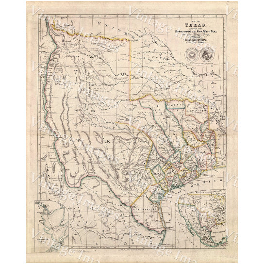 Vintage 1843 Map of Texas state Historical map Antique Restoration Hardware Style Texas wall Map six sizes to 42" x 53" Image 1