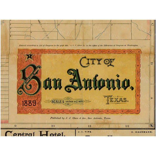 San Antonio Texas map vintage 1889 old map of San Antonio Antique Restoration Hardware Style San Antonio wall Map Fine Image 1