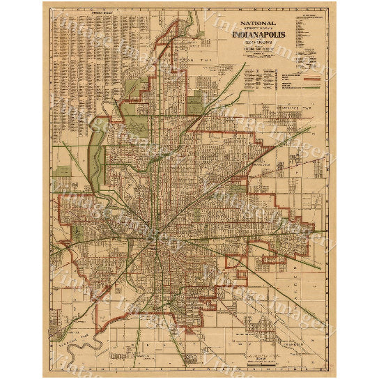 Large Historic 1921 Old Antique Restoration Hardware Style Indianapolis Street Map by the National Map Company Fine Art Image 1