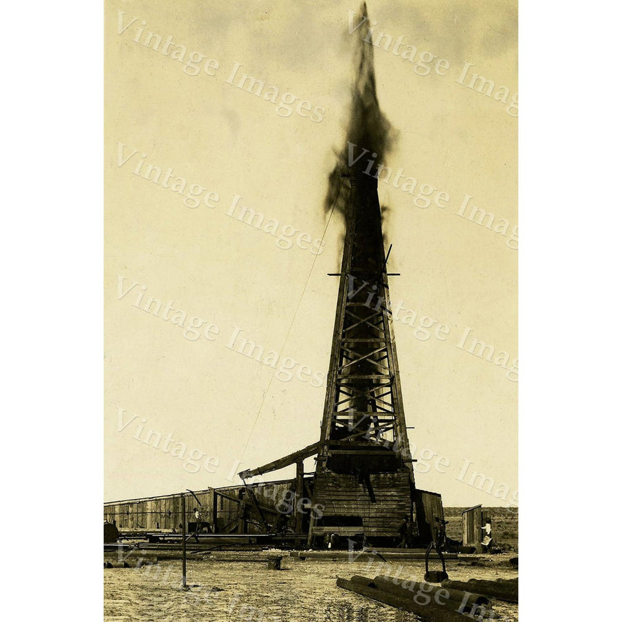 Vintage Sepia Oil Well Photo 16x24 Large Gushing Drilling Rig Texas Decor Image 1