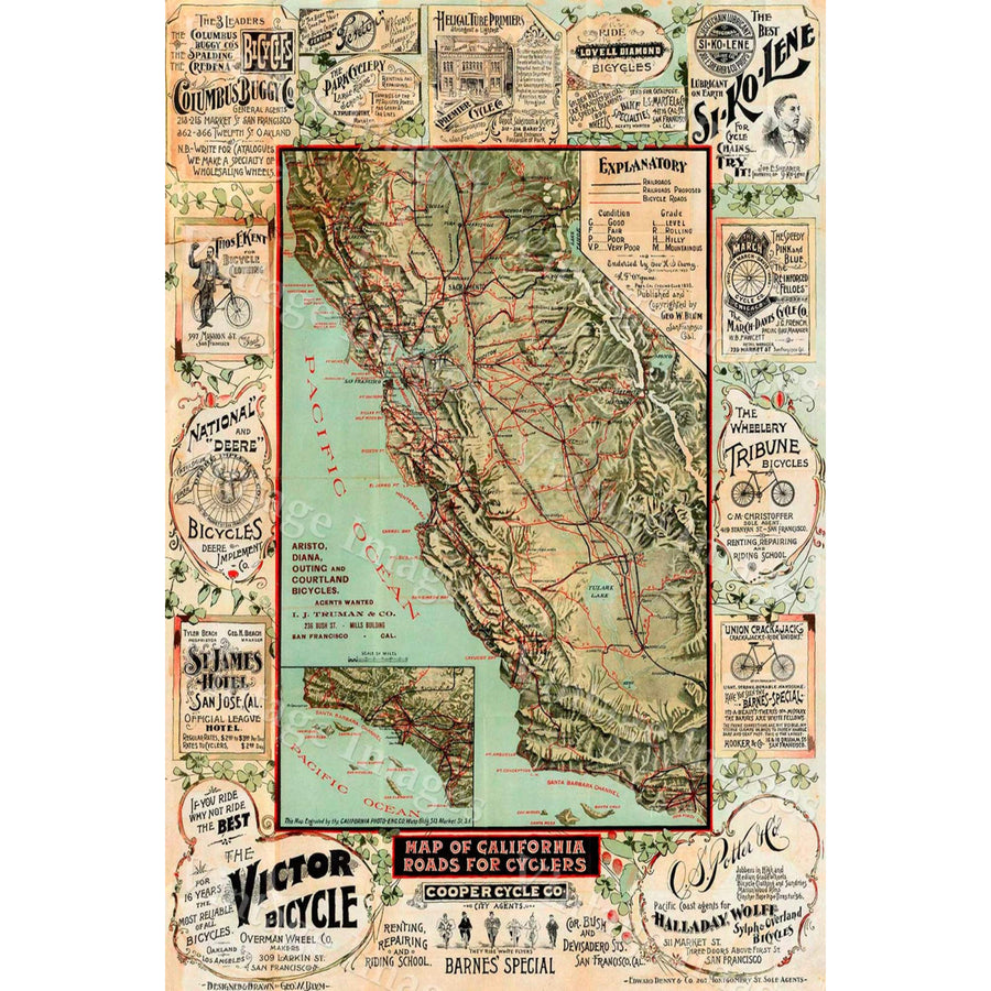 Giant 1895 Vintage Historic California map Old California map Bicycle map Antique Style advertising wall Map Fine art Image 1