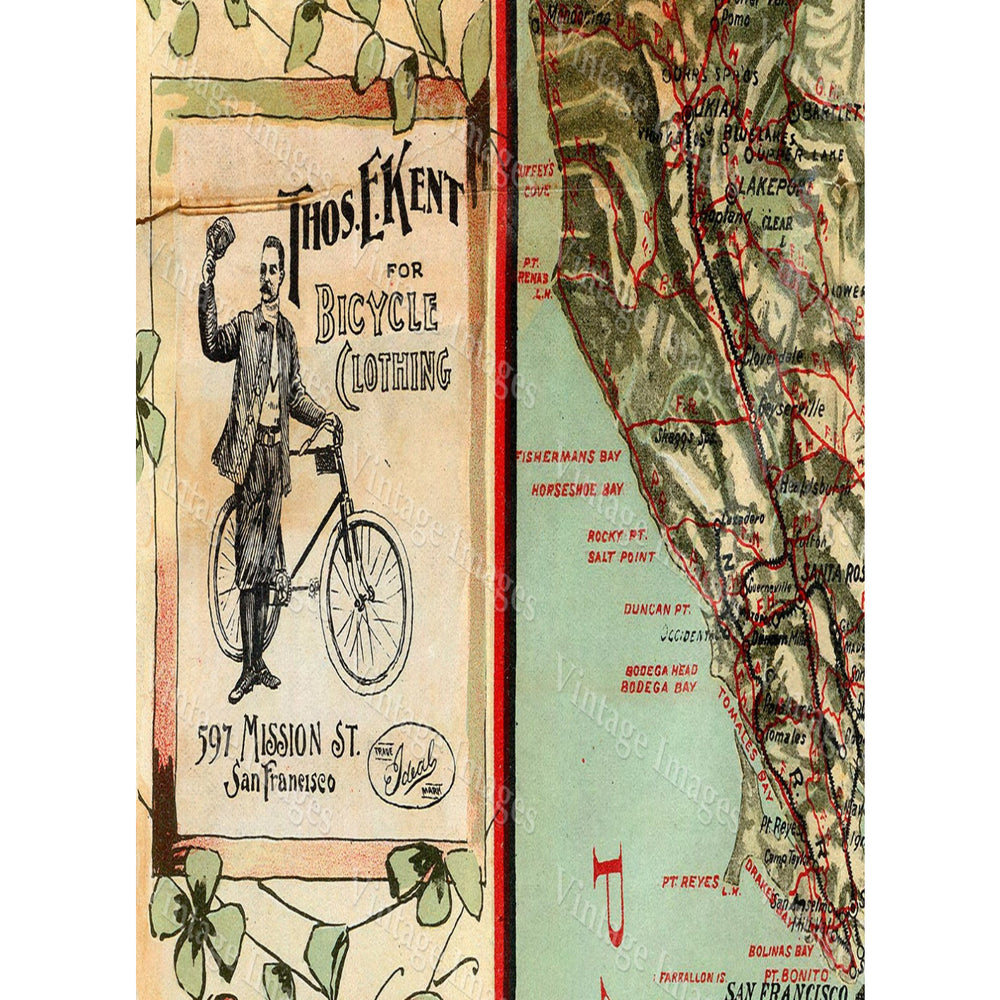 Giant 1895 Vintage Historic California map Old California map Bicycle map Antique Style advertising wall Map Fine art Image 2