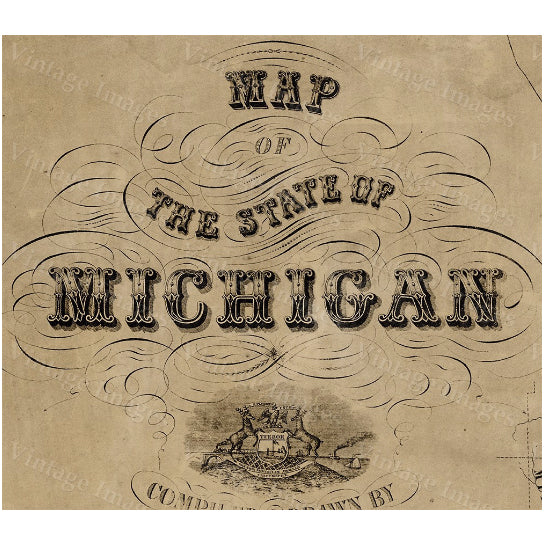 Vintage Michigan map, vintage 1856 old map of Michigan, Old Antique Restoration Hardware Style wall Map, Lake Michigan Image 3