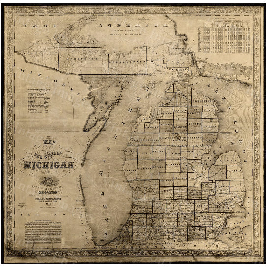 Vintage Michigan map, vintage 1856 old map of Michigan, Old Antique Restoration Hardware Style wall Map, Lake Michigan Image 4