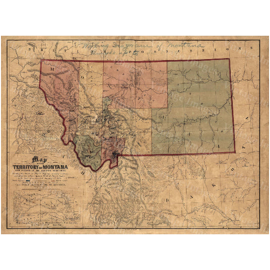 Old Map of Montana, Montana map Territory of MONTANA ART 1865 Antique Restoration Hardware Style Montana Wall map Image 1