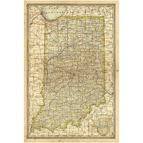 Antique 1897 Indiana Map Giclee Print Custom Sizes Available Vintage Style Decor Image 1