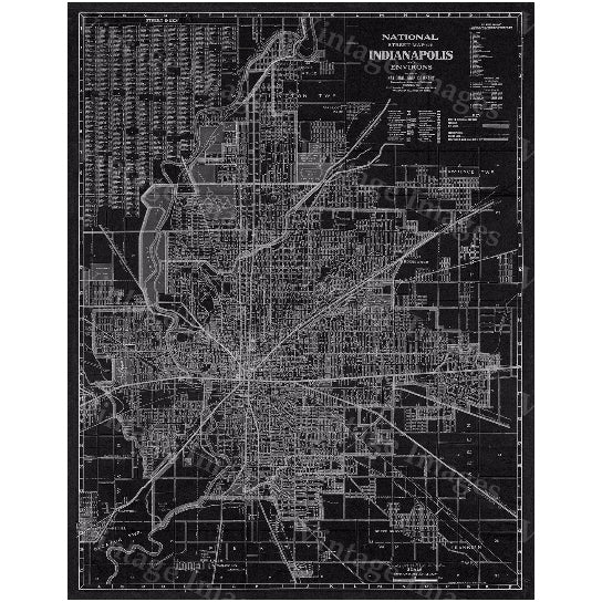 1921 Antique Indianapolis Map Fine Art Print Black Blueprint Style Image 1