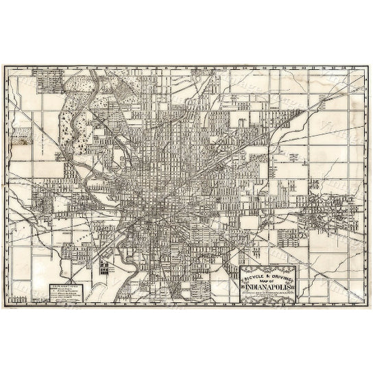 Huge 1899 Vintage Historic Indianapolis Indiana Bicycle and Driving Map Antique Restoration Hardware Style wall Map Fine Image 1