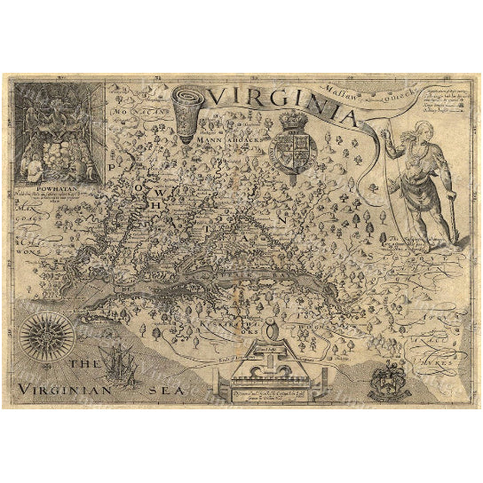 1607 historic Map of Virginia John Smith Old Antique Restoration Hardware Style Virginia wall Map six sizes up to 43" x Image 2