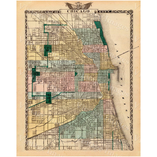 Vintage Map of Chicago, 1857 Chicago Illinois map Antique Chicago Map Restoration Hardware Style Map up to 43" x 54" Old Image 2