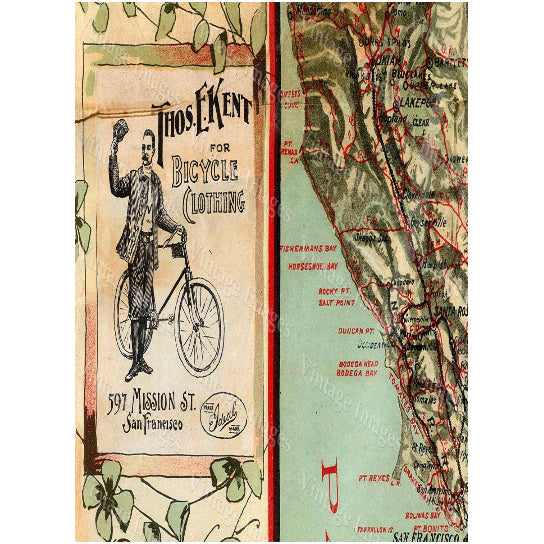 Old California Map, Cycling Bicycle Map, 1895 Vintage California map, cyclers map, Antique California wall Map, Fine art Image 3