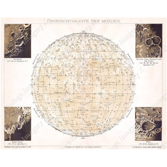 Antique map of the MOON Vintage Historic 1898 Brockhaus Old Map Of The Moon Old Antique Lunar Map Chart Restoration Image 1