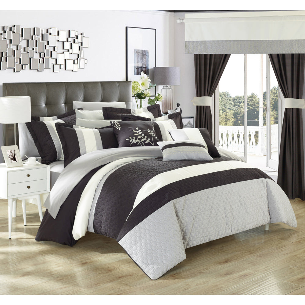 Chic Home 24 Piece Placido Complete Bedroom Set with Octagon Embroidery Color Block pattern Image 2