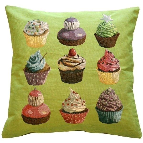 Pillow Decor - Cupcakes on Green French Tapestry Throw Pillow Image 1