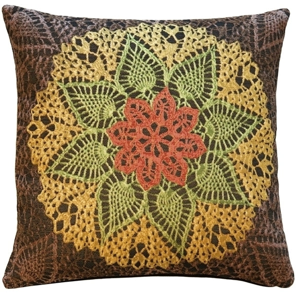 Pillow Decor Crochet Flower Tapestry Pillow 19x19 Red Green Yellow Cotton Image 1