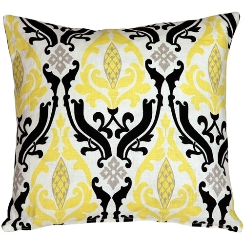 Pillow Decor - Linen Damask Print Yellow Black 16x16 Throw Pillow Image 1