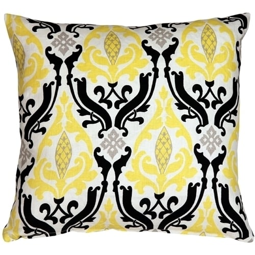 Pillow Decor Linen Damask Print Yellow Black 18x18 Throw Pillow Cover Image 1