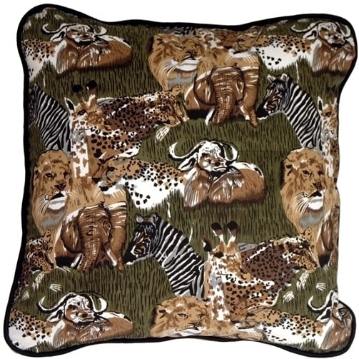 Pillow Decor Safari Print Cotton Throw Pillow 22x22 Olive Green Black Piping Image 1