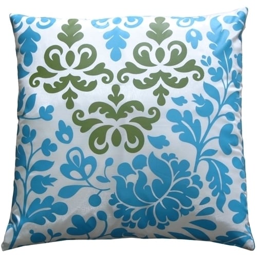 Pillow Decor Bohemian Damask Throw Pillow 18x18 Blue White Olive Polyester Image 1