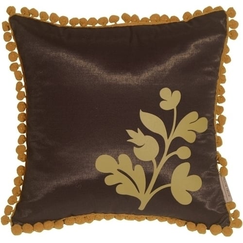 Pillow Decor Bohemian Blossom Throw Pillow 12x12 Brown Ocher Pom Pom Fringe Image 1