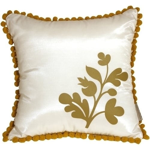 Pillow Decor Bohemian Blossom Throw Pillow 12x12 White Ocher Pom Poms Image 1